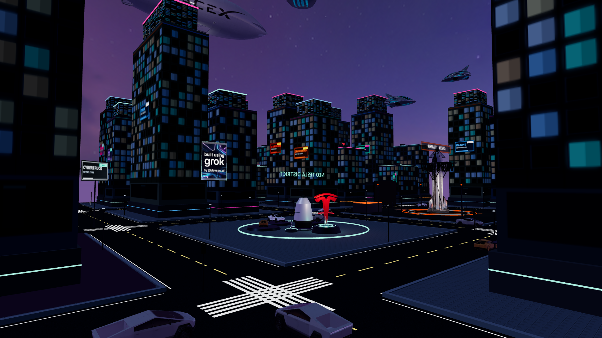 Central plaza with Tesla logo, traffic, and skyline
