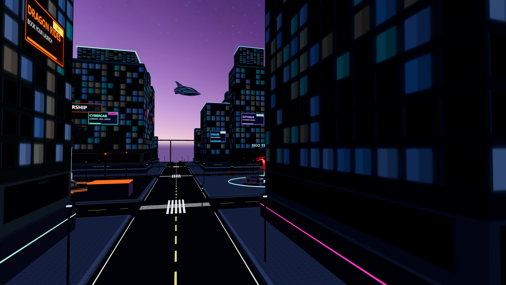Neon street canyon with glider in the sky