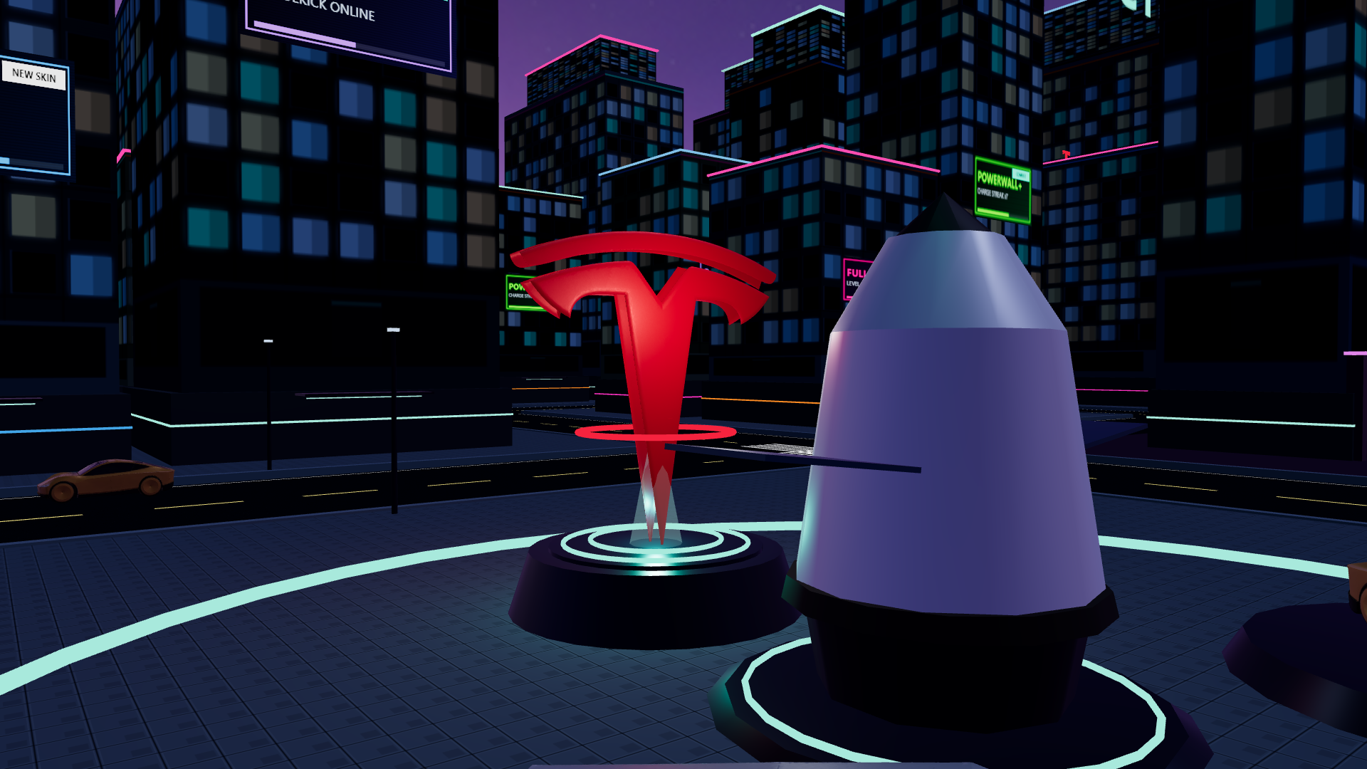 Tesla logo monument and Dragon capsule
